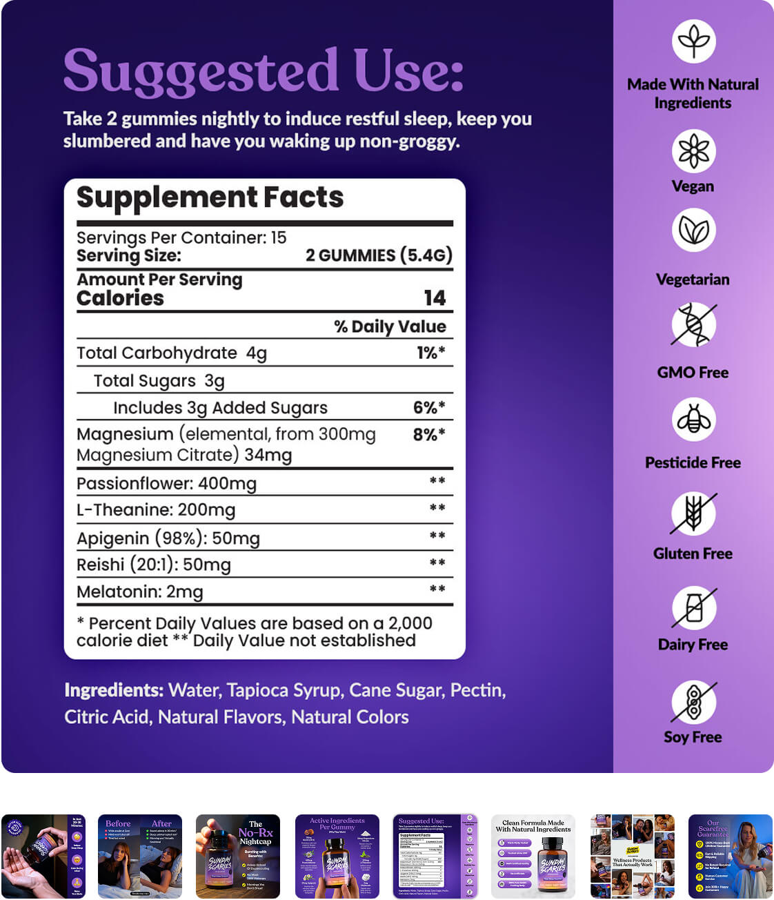 A supplement facts label for a gummy sleep aid product on a purple background, with suggested use text, a supplement facts panel, ingredient list, and a column of feature icons including vegan, vegetarian, gluten free, and soy free.