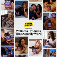 A promotional collage for Sunday Scaries live scarify product, featuring multiple lifestyle photos of people holding and using the product alongside text that reads 'Wellness Products That Actually Work'.