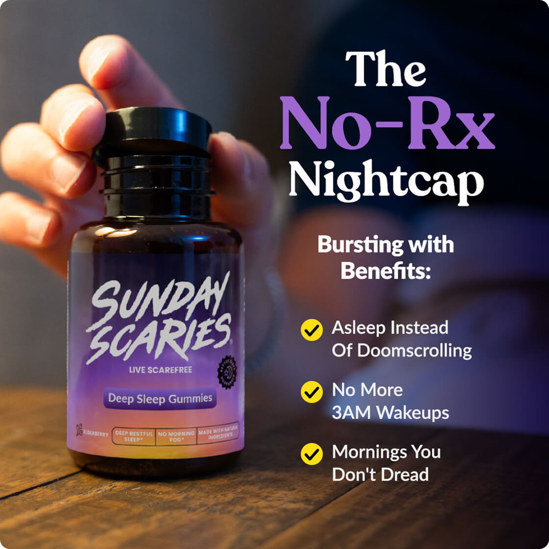 A hand holds a small bottle of Sunday Scaries Deep Sleep Gummies against a dark background with promotional text on the right. The bottle label is purple and white, and the ad includes bullet points about sleep benefits.