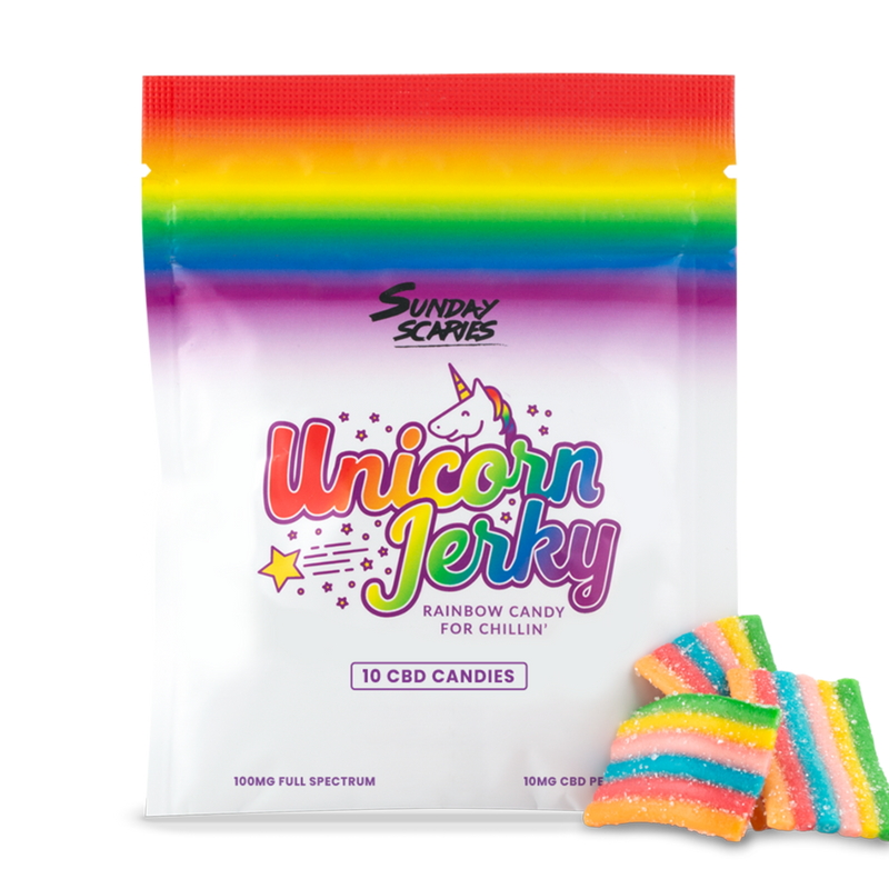 A 10-count pouch of Sunday Scaries Unicorn Jerky CBD candy with rainbow flavor and 10mg CBD per piece