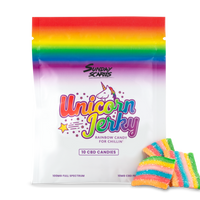 A 10-count pouch of Sunday Scaries Unicorn Jerky CBD candy with rainbow flavor and 10mg CBD per piece