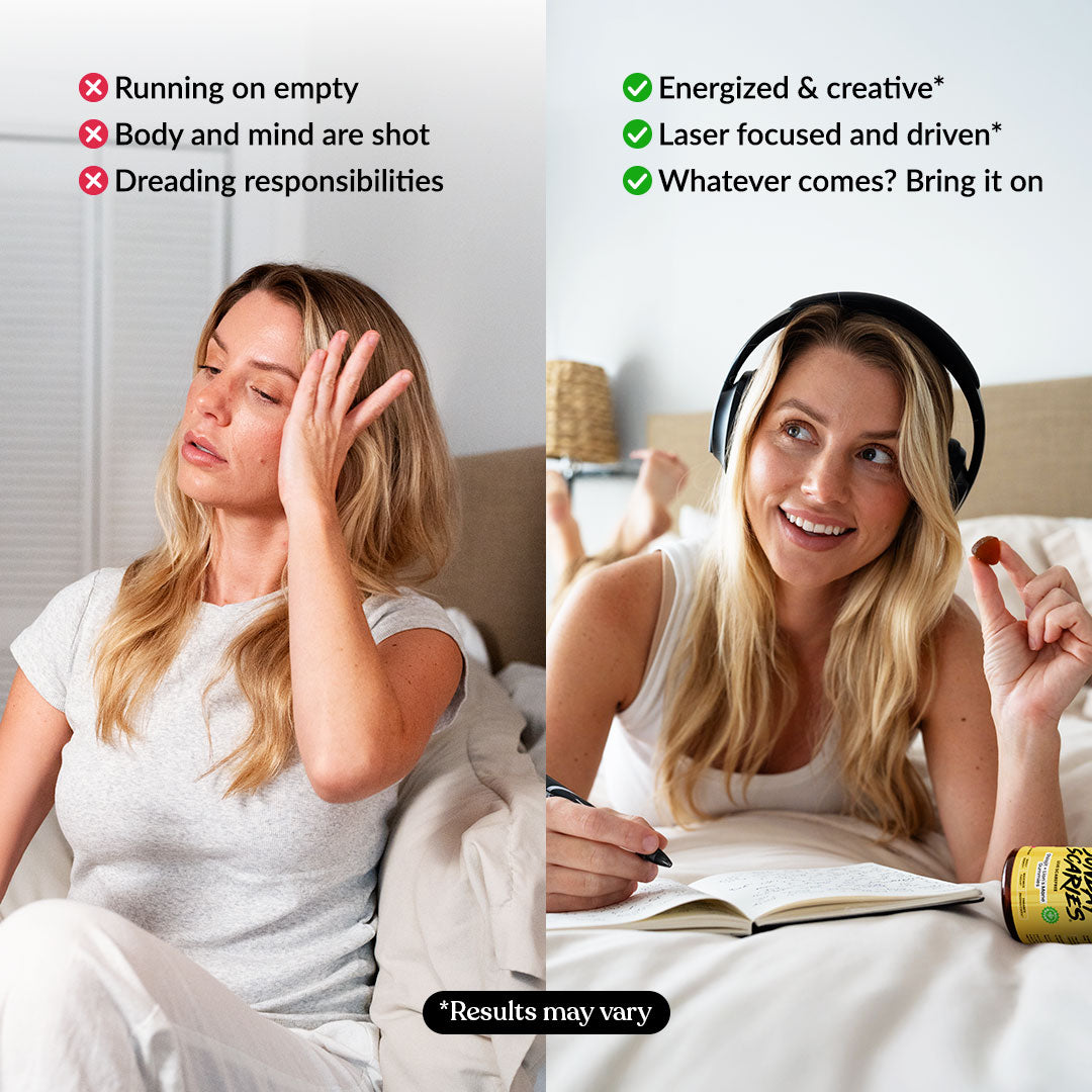 A before and after picture of a lady eating our Shilajit gummies. 