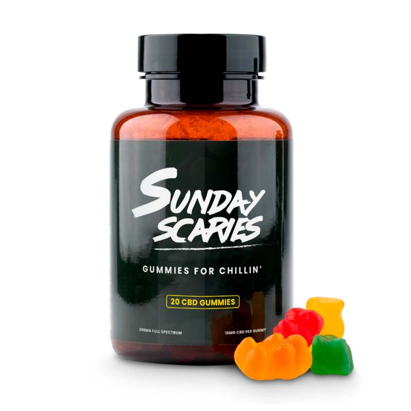 A 20-count bottle of Sunday Scaries CBD Gummies with tropical flavors and 10mg CBD per gummy