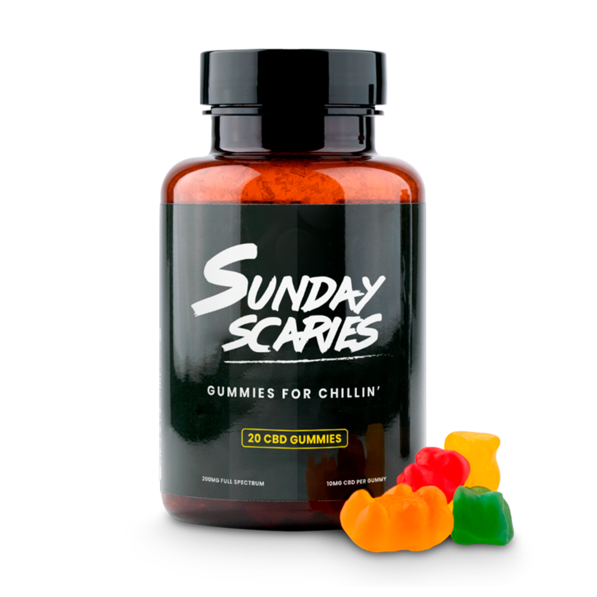 A 20-count bottle of Sunday Scaries CBD Gummies with tropical flavors and 10mg CBD per gummy