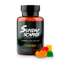 A 20-count bottle of Sunday Scaries CBD Gummies with tropical flavors and 10mg CBD per gummy