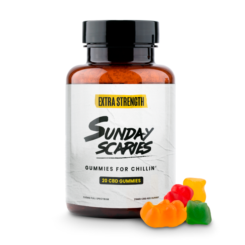 A 20-count bottle of Sunday Scaries Extra Strength CBD Gummies with tropical flavors and 25mg CBD per gummy