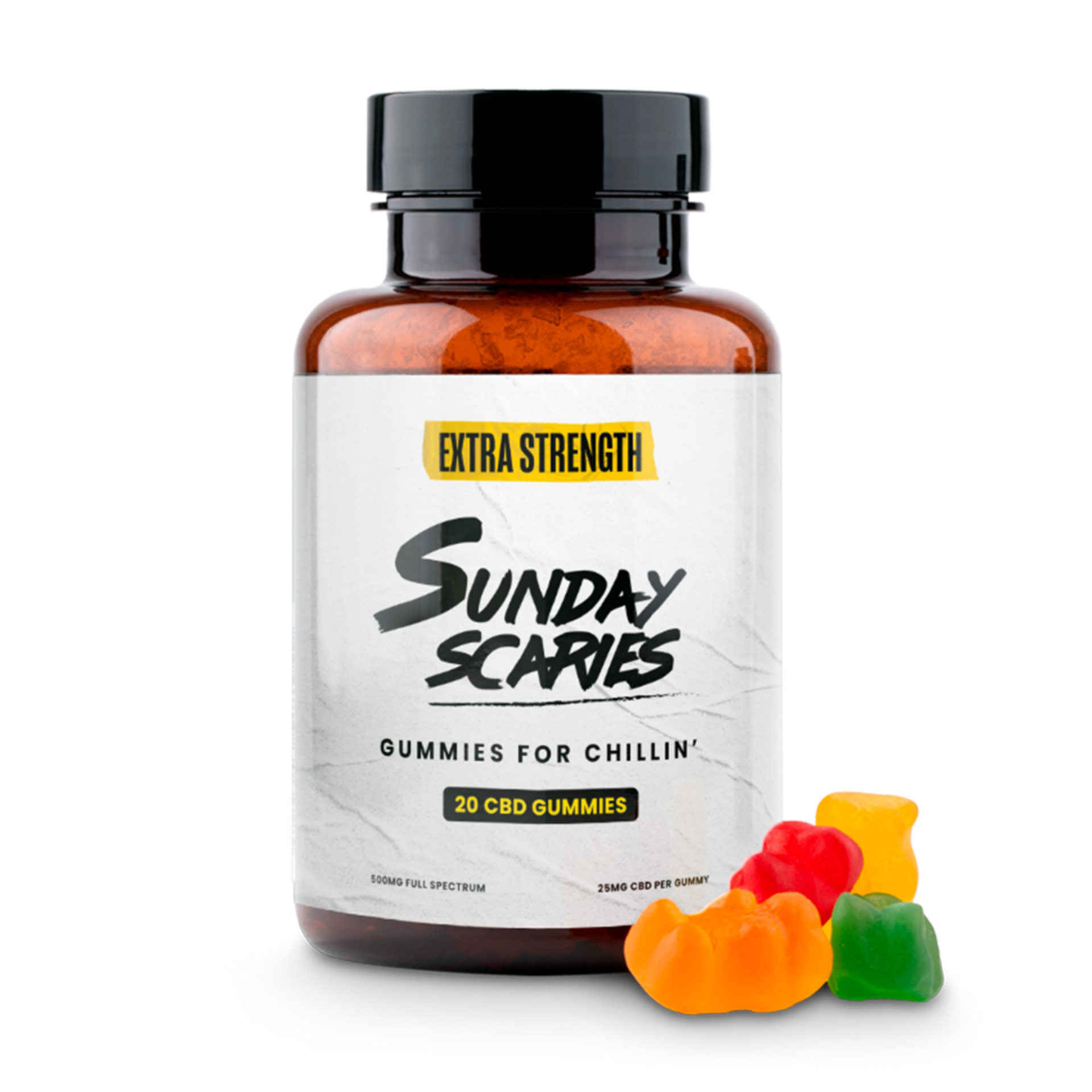 A 20-count bottle of Sunday Scaries Extra Strength CBD Gummies with tropical flavors and 25mg CBD per gummy