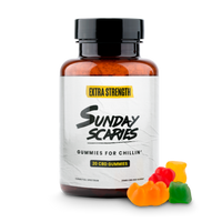 A 20-count bottle of Sunday Scaries Extra Strength CBD Gummies with tropical flavors and 25mg CBD per gummy