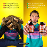 A split-screen lifestyle advertisement for Sunday Scaries stress relief supplements. The left side shows a man with his head in his hands, clutching his hair in frustration, with text highlighting stress-related issues like drowning in life stress and brain fog.