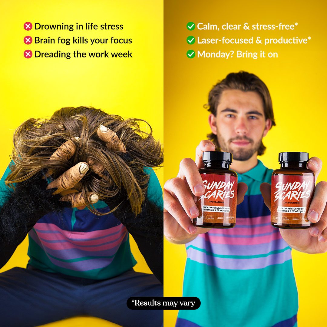A split-screen lifestyle advertisement for Sunday Scaries stress relief supplements. The left side shows a man with his head in his hands, clutching his hair in frustration, with text highlighting stress-related issues like drowning in life stress and brain fog.