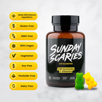 A bottle of Sunday Scaries CBD gummies for stress, with green and yellow gummy bears next to it 