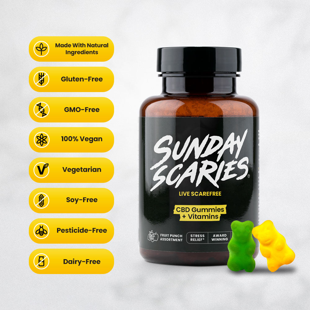 A bottle of Sunday Scaries CBD gummies for stress, with green and yellow gummy bears next to it 