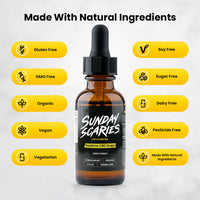 A bottle of Sunday Scaries daytime CBD drops on a white background 