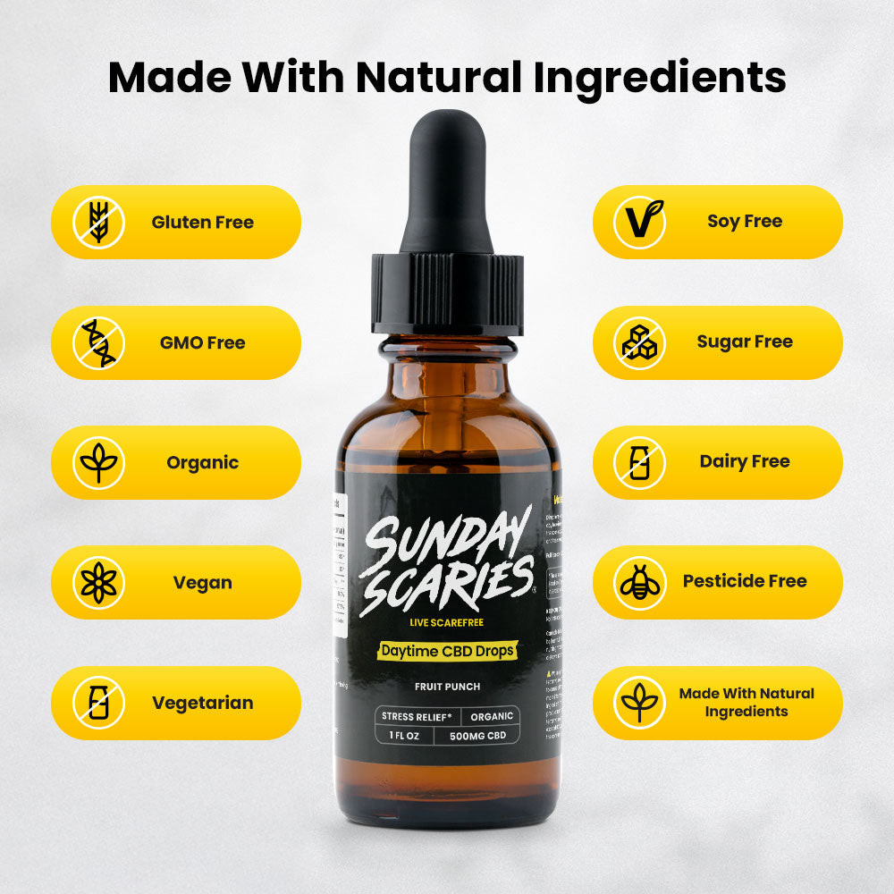 A bottle of Sunday Scaries daytime CBD drops on a white background 