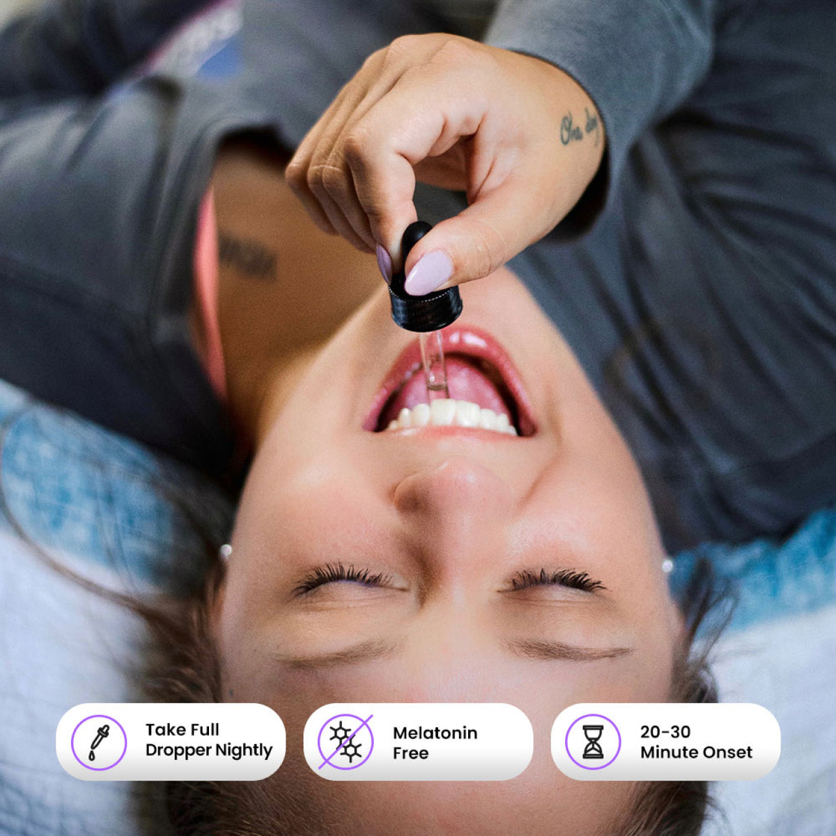 A woman drops CBD oil in her mouth, showing to take a full dropper nightly, that it's melatonin free and that there is a 20-30 minute onset