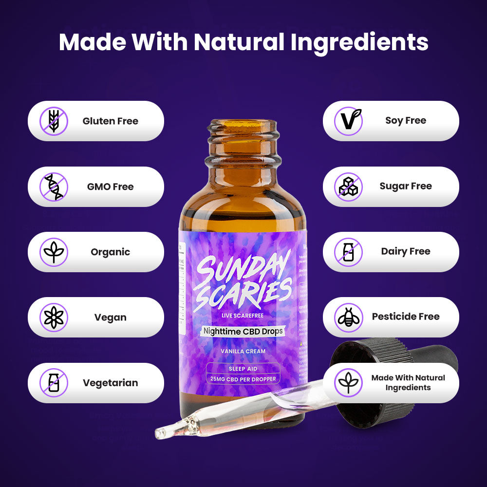 A bottle of Sunday Scaries nighttime CBD drops on a dark blue background 