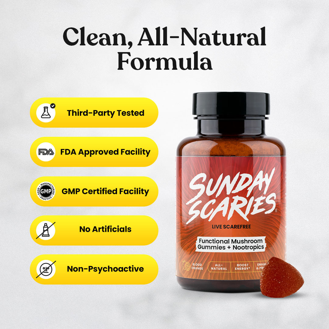 Sunday Scaries live scarab gummies in an amber bottle with a black cap, shown next to a single gummy and a list of quality badges on a light gray background.