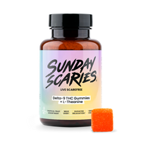 Bottle of Sunday Scaries Delta-9 THC Gummies with an orange gummy on a white background
