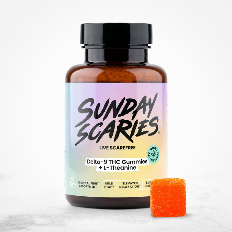 All-natural Sunday Scaries delta-9 thc gummies with an orange gummy