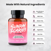 A bottle of Sunday Scaries CBD Focus gummies, showing that they're made with natural ingredients 
