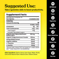 A supplement facts label for a gummy product shown on a bright yellow background with a black sidebar listing attributes like All-Natural, Vegan, Vegetarian, GMO Free, Heavy Metal Free, Gluten Free, Dairy Free, and Soy Free.