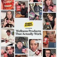 A promotional collage for Sunday Scaries live scarves, featuring multiple lifestyle photos of people holding and wearing the red scarves, with the brand logo and the text 'Wellness Products That Actually Work' in the center.