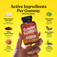 A hand holding a bottle of Sunday Scaries Gummies against a bright yellow background with text and ingredient callouts around it.