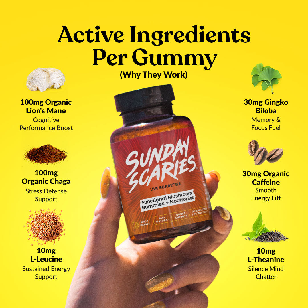 A hand holding a bottle of Sunday Scaries Gummies against a bright yellow background with text and ingredient callouts around it.