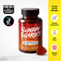 A bottle of Sunday Scaries Functional Mushroom Gummies + Nootropics with a black cap, shown on a white background with a yellow sidebar listing benefits. The bottle label is red and white, and a single gummy is placed in front.