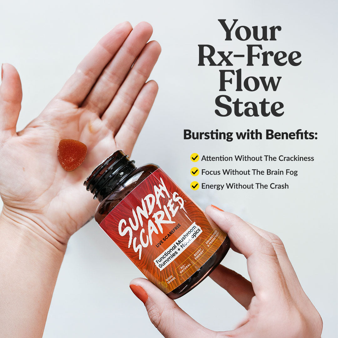A person holds an open bottle of Sunday Scaries Sleep Support gummies over their open palm, with a few gummies visible and marketing text on a light gray background.