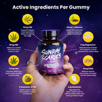 A hand holding up the purple Sunday Scaries sleep gummy bottle with icons showing the active ingredients in the product