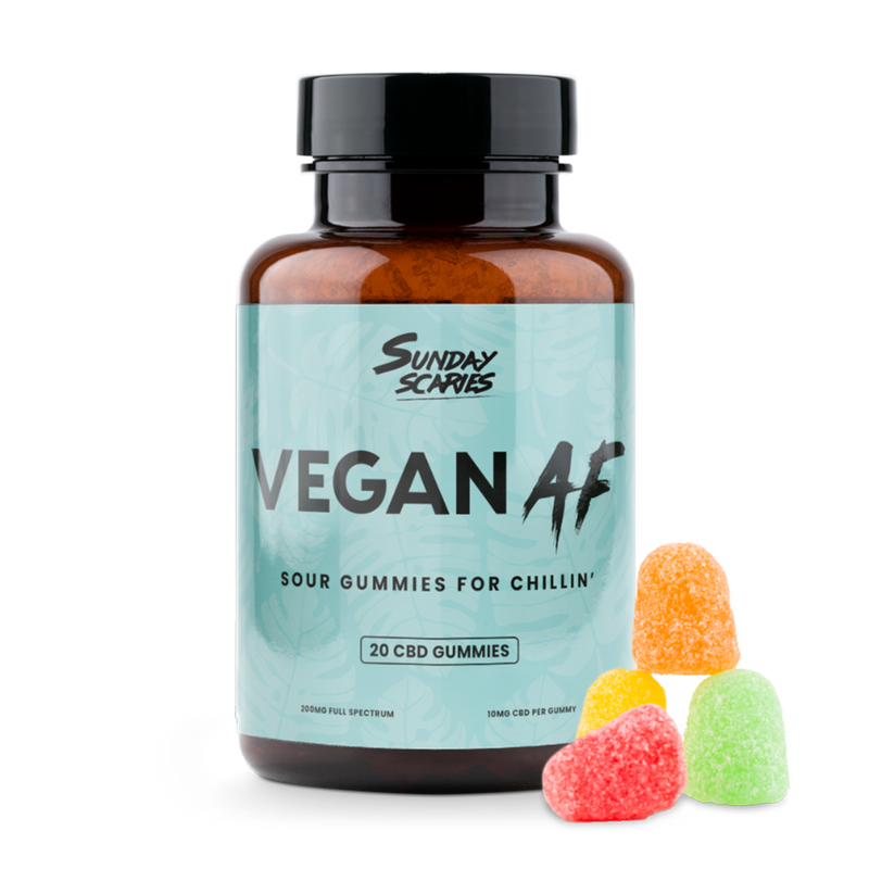 A 20-count bottle of Vegan AF, Sunday Scaries Vegan CBD Gummies with fruity flavors and 10mg CBD per gummy