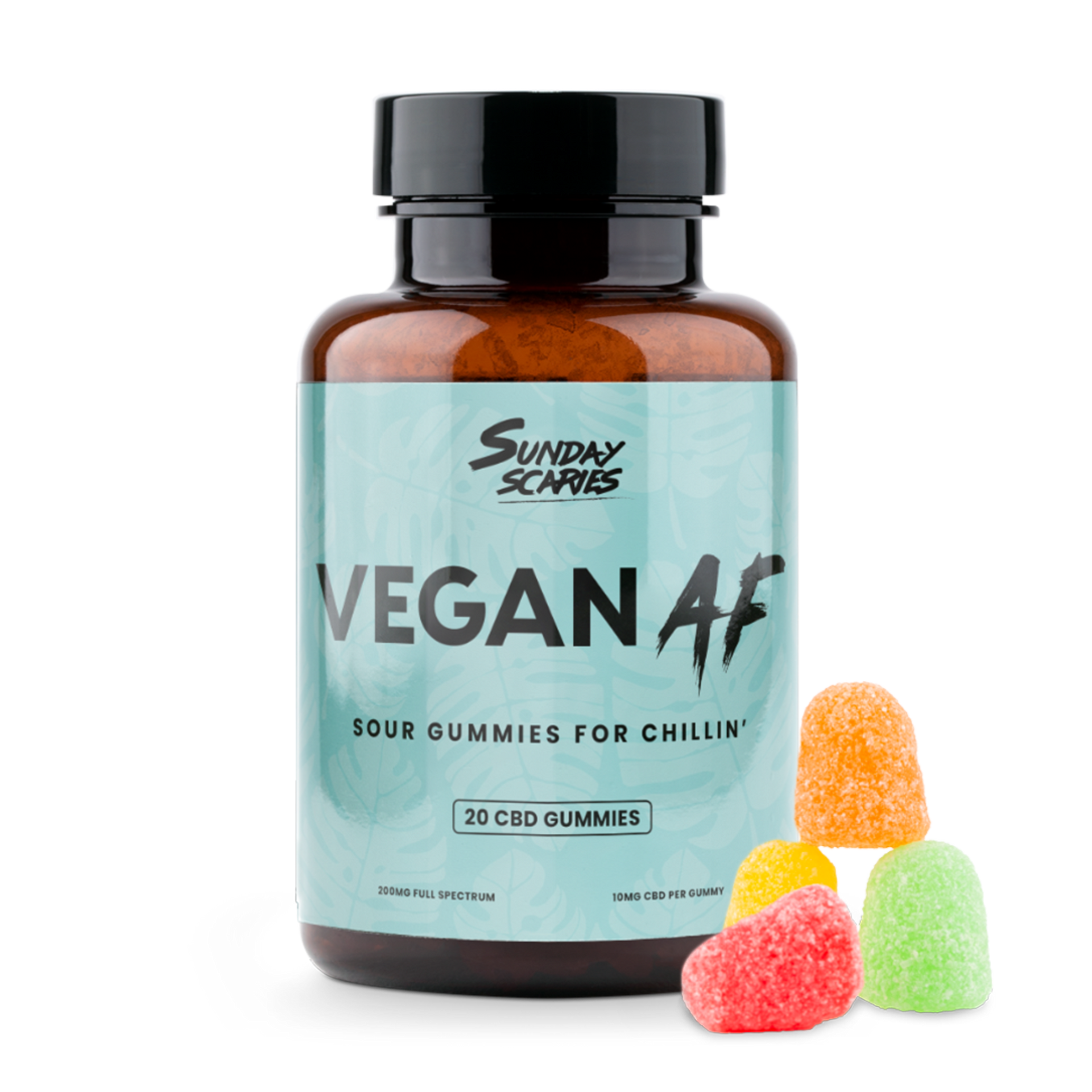 A 20-count bottle of Vegan AF, Sunday Scaries Vegan CBD Gummies with fruity flavors and 10mg CBD per gummy