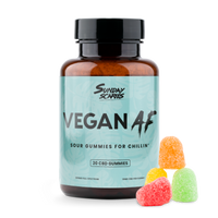 A 20-count bottle of Vegan AF, Sunday Scaries Vegan CBD Gummies with fruity flavors and 10mg CBD per gummy