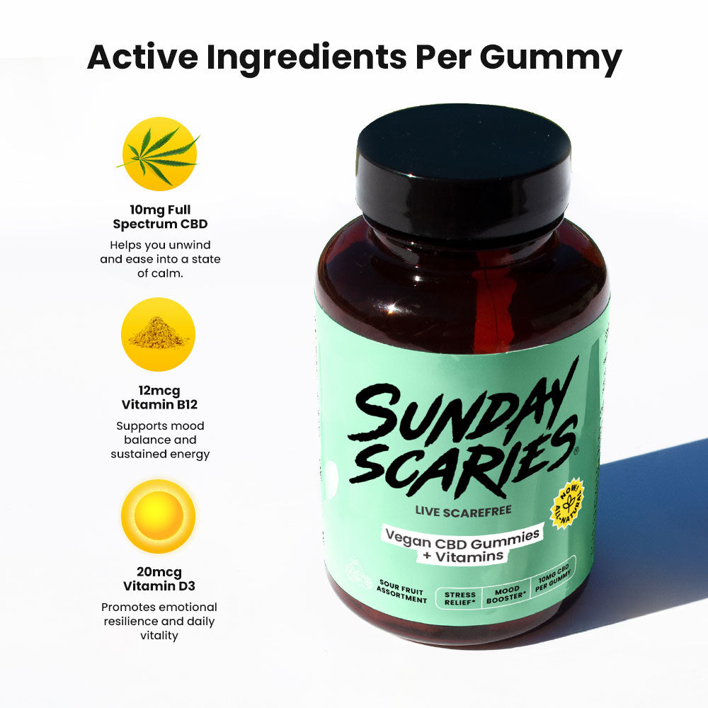 Bottle of vegan Sunday Scaries CBD gummies with active ingredients listed on a white background