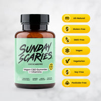 Bottle of Sunday Scaries Vegan CBD Gummies with certification icons on a light gray background