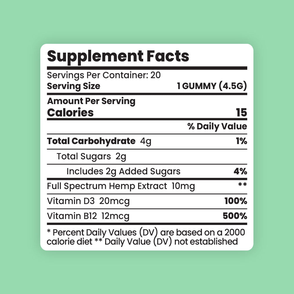 Supplement facts label for Sunday Scaries Vegan CBD gummies on a green background