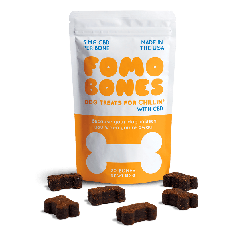 A 20-count pouch of Sunday Scaries FOMO Bones CBD dog treats with bacon flavor and 5mg CBD per bone