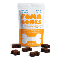 A 20-count pouch of Sunday Scaries FOMO Bones CBD dog treats with bacon flavor and 5mg CBD per bone