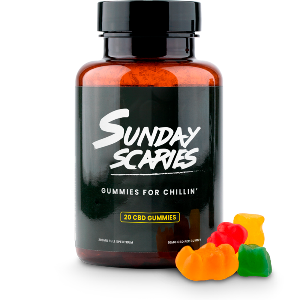 A 20-count bottle of Sunday Scaries CBD Gummies with tropical flavors and 10mg CBD per gummy