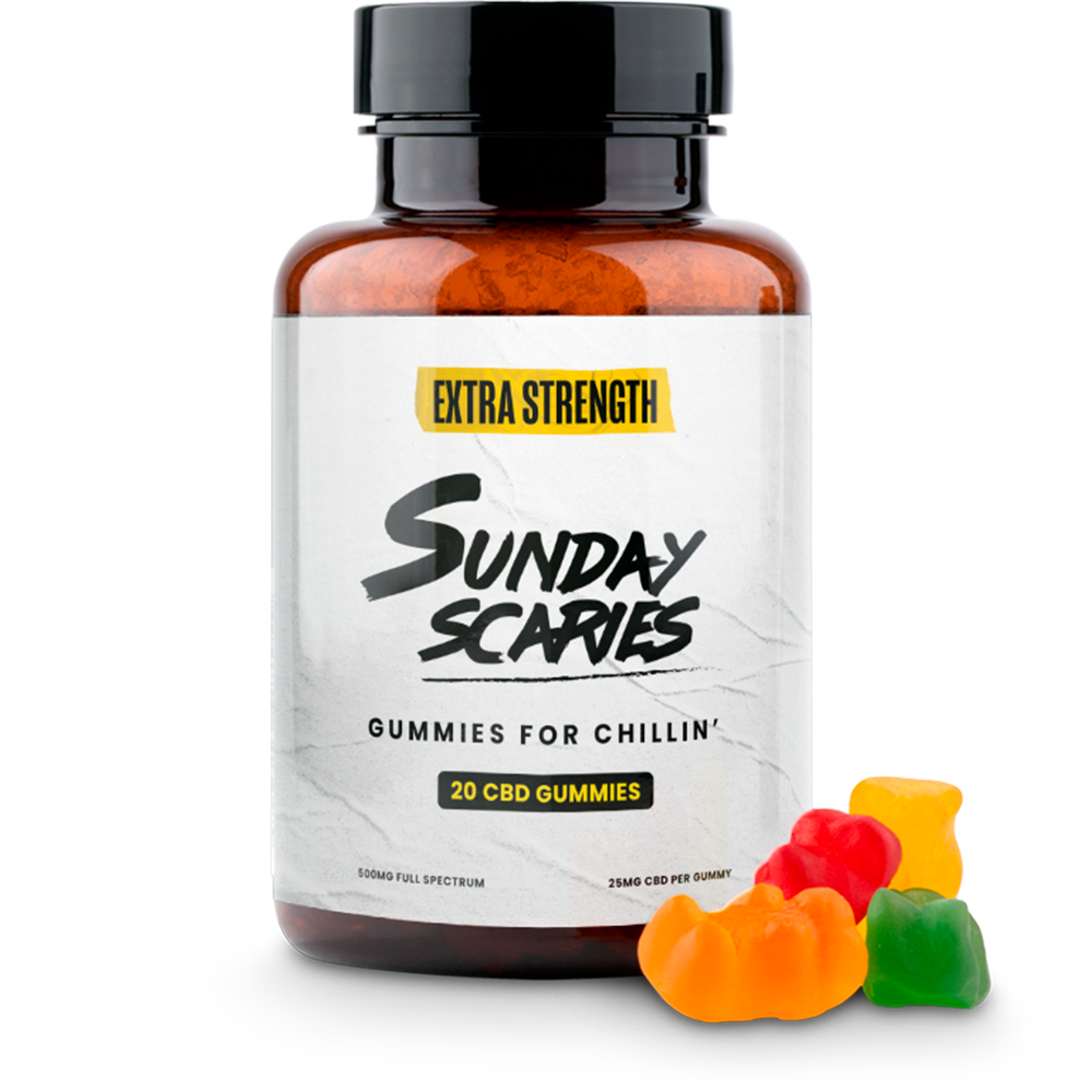 A 20-count bottle of Sunday Scaries Extra Strength CBD Gummies with tropical flavors and 25mg CBD per gummy