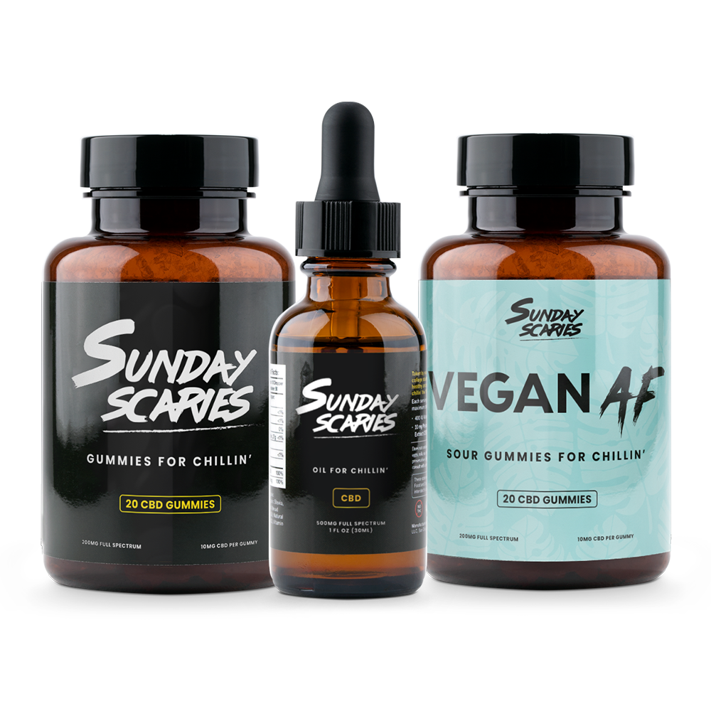 Our Rando Bundle, a randomized Sunday Scaries CBD variety pack with Sunday Scaries CBD Gummies, CBD Oil & Vegan Sour Gummies