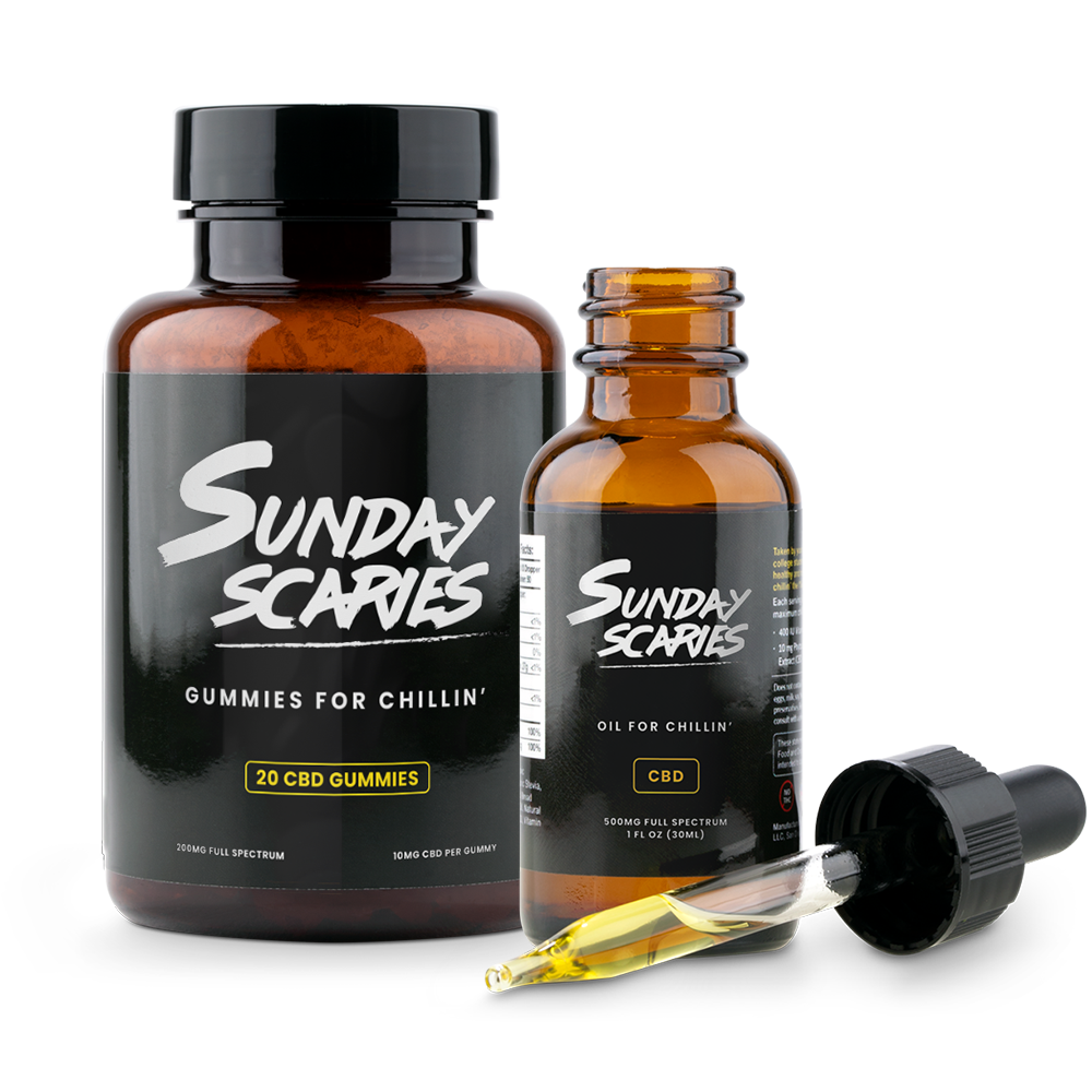 Our Sidepiece Bundle, a best-of-both-worlds Sunday Scaries CBD variety pack with Sunday Scaries CBD Gummies & CBD Oil
