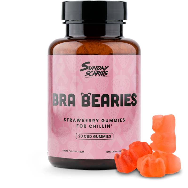 A 20-count bottle of Sunday Scaries Bra Bearies CBD Gummies with strawberry flavor and 10mg CBD per gummy