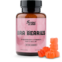 A 20-count bottle of Sunday Scaries Bra Bearies CBD Gummies with strawberry flavor and 10mg CBD per gummy