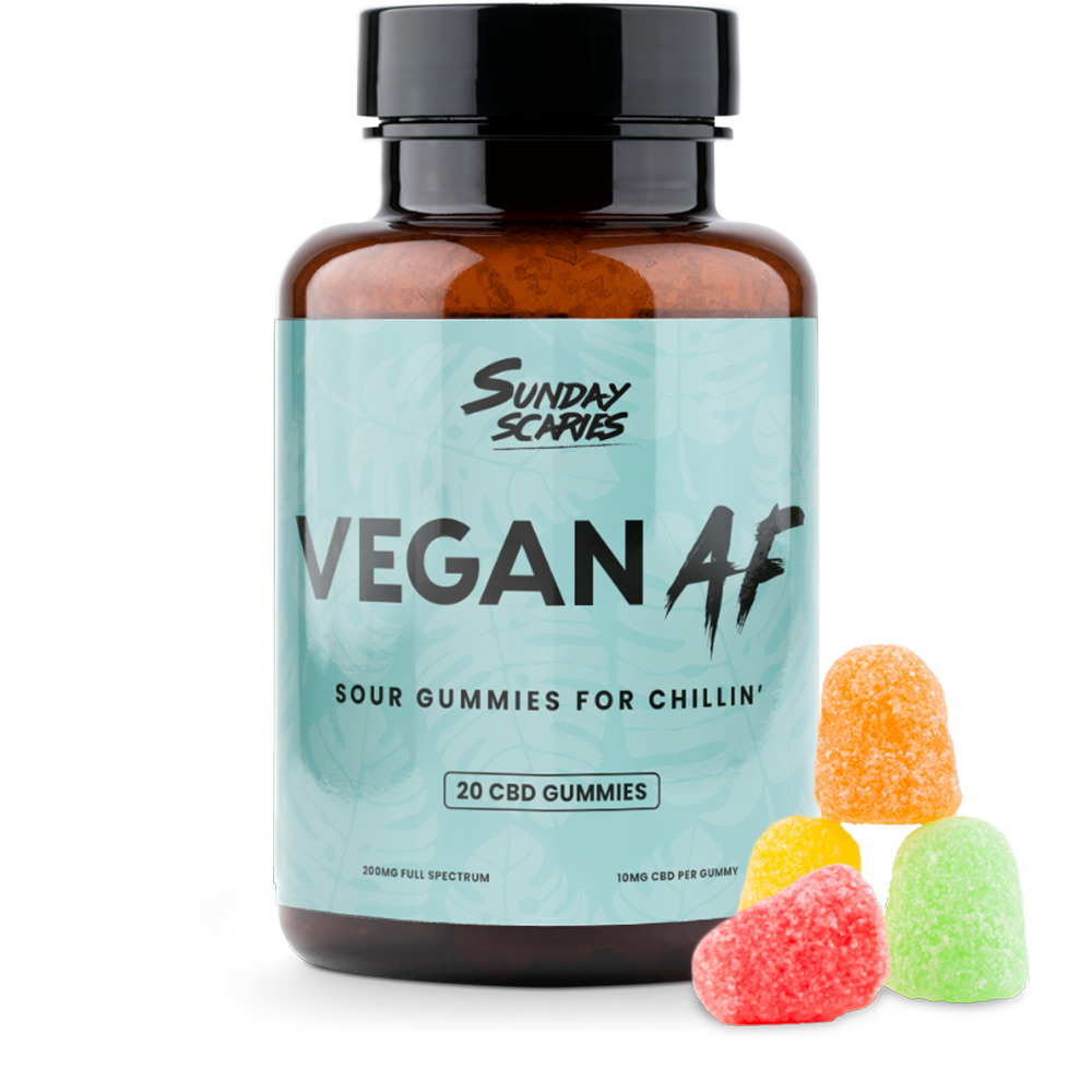 A 20-count bottle of Vegan AF, Sunday Scaries Vegan CBD Gummies with fruity flavors and 10mg CBD per gummy
