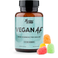 A 20-count bottle of Vegan AF, Sunday Scaries Vegan CBD Gummies with fruity flavors and 10mg CBD per gummy