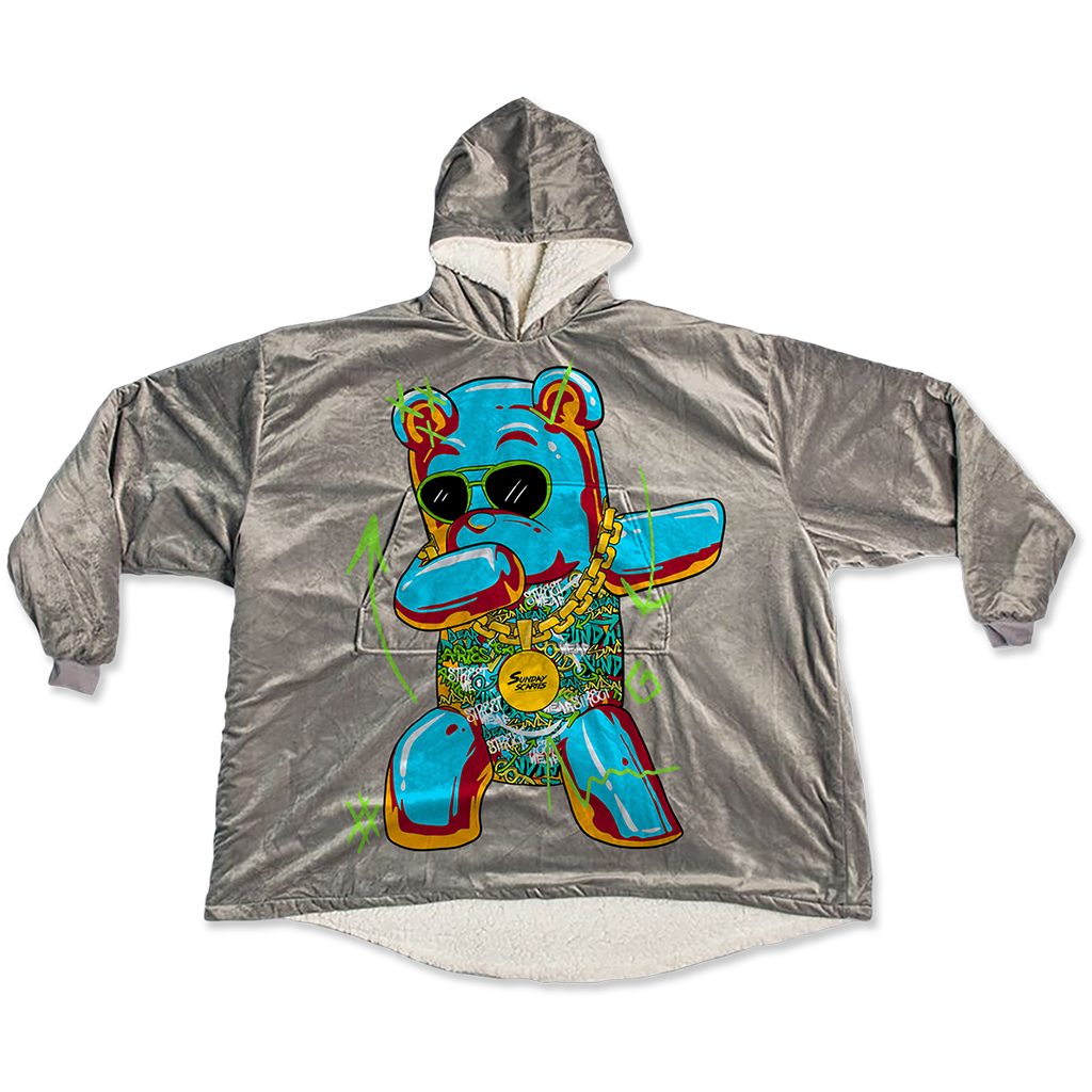 The Sunday Scaries Dabbing Bear Blanket Jacket is gray and has a gummy bear with glasses on it
