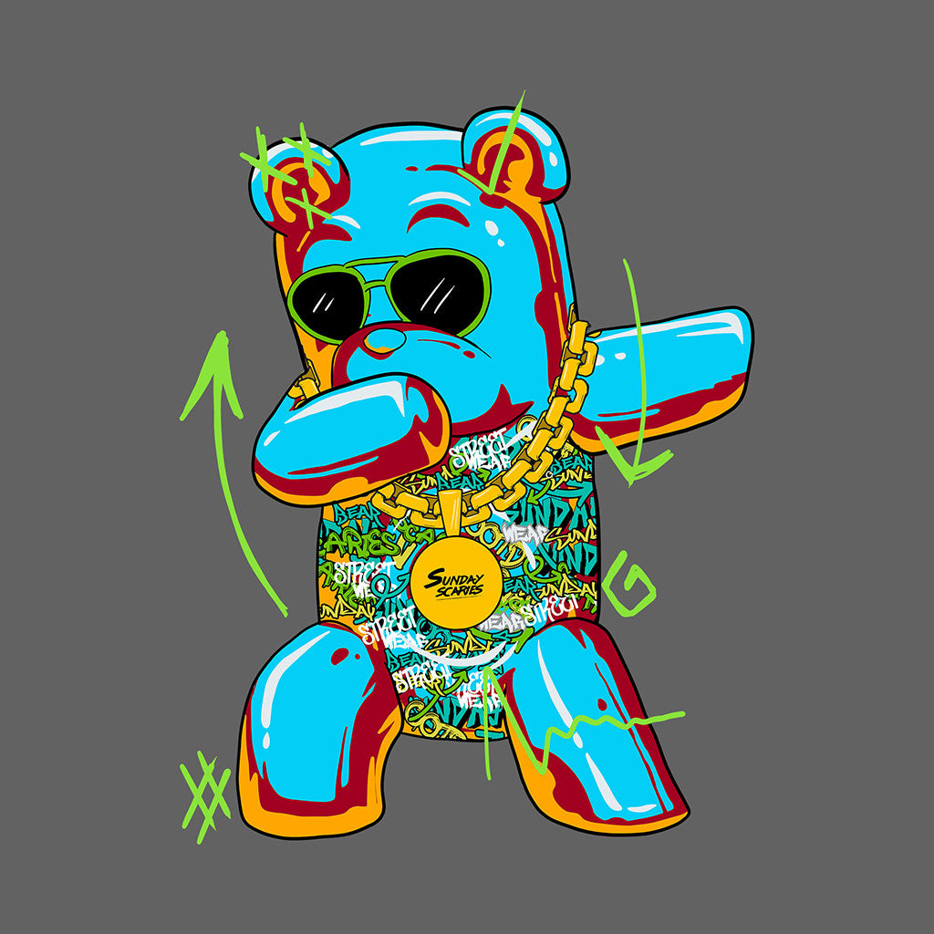 Close up shot of the gummy bear on the Dabbing Bear Blanket Jacket merch item from Sunday Scaries