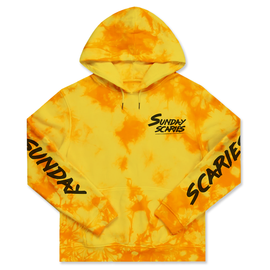 The Sunday Scaries hoodie with yellow tie-dye, a small logo in the top left front corner and a split logo on both sleeves